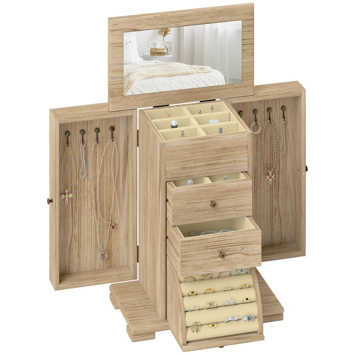 Organizador de Joyas de Madera con Espejo y 4 Niveles