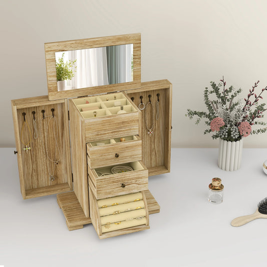 Organizador de Joyas de Madera con Espejo y 4 Niveles
