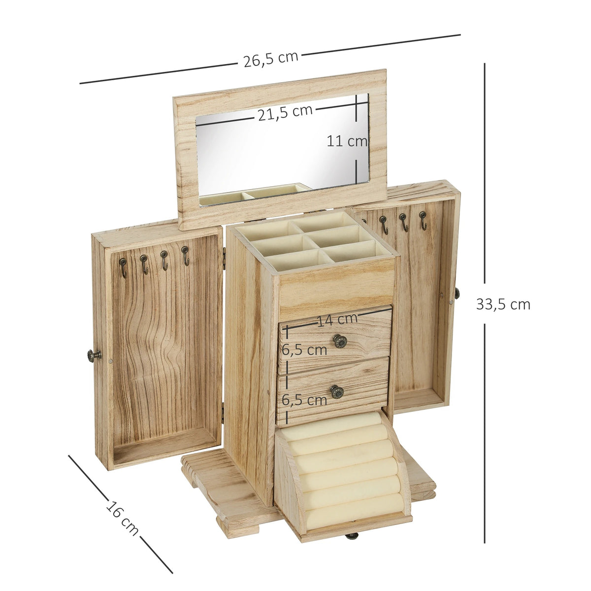 Organizador de Joyas de Madera con Espejo y 4 Niveles