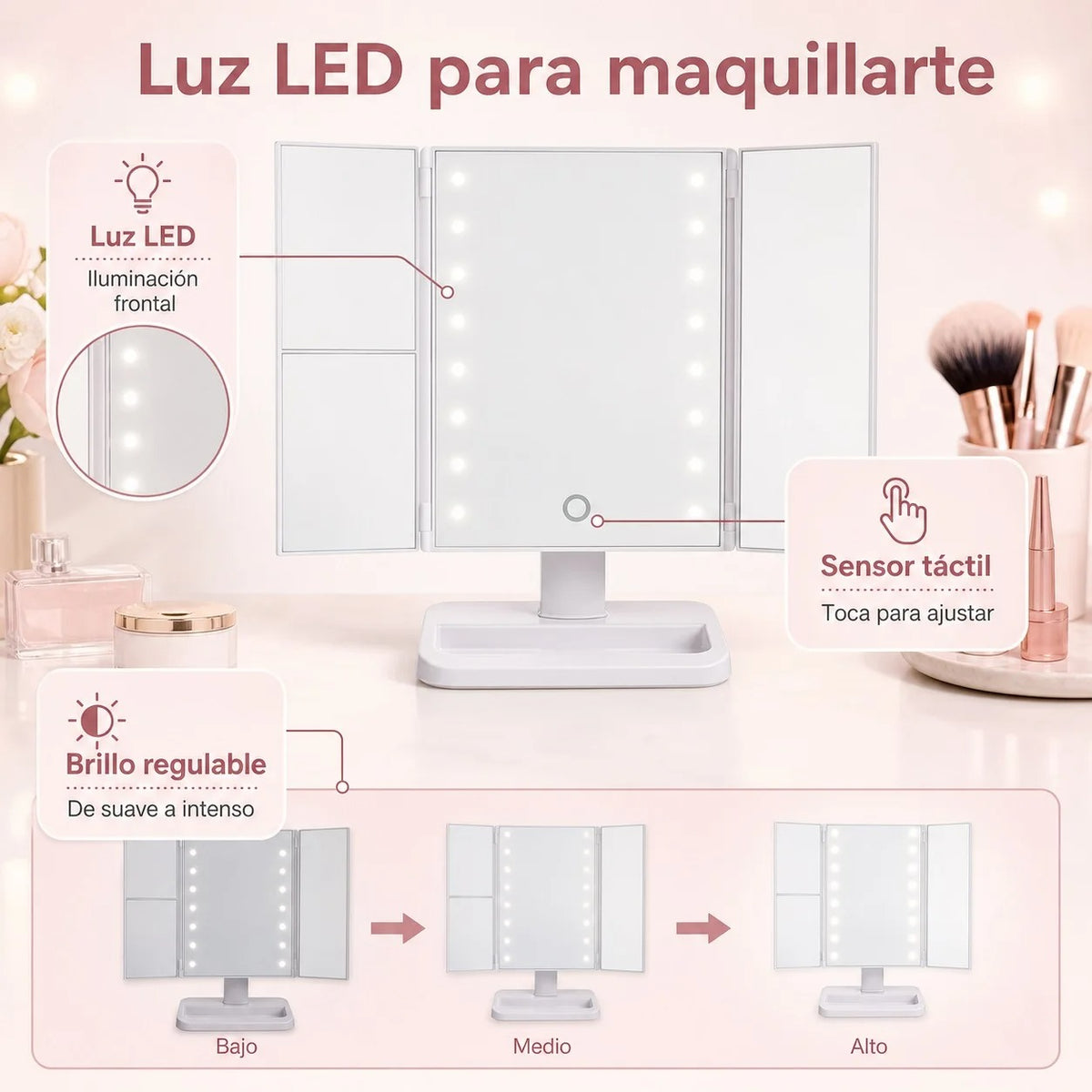 Espejo de Maquillaje LED Plegable con Aumento