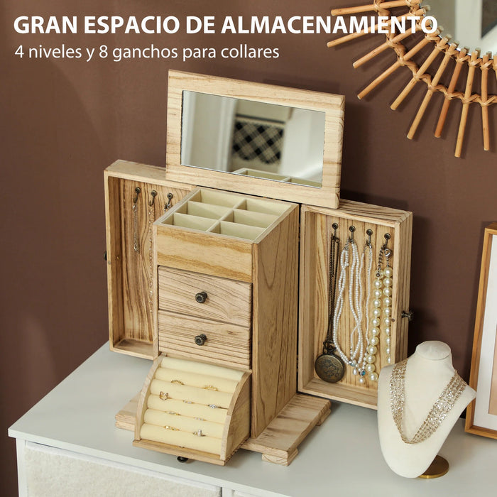 Organizador de Joyas de Madera con Espejo y 4 Niveles
