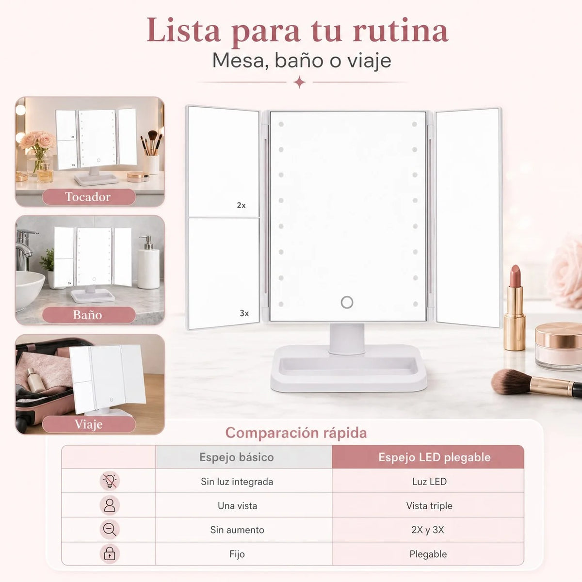 Espejo de Maquillaje LED Plegable con Aumento