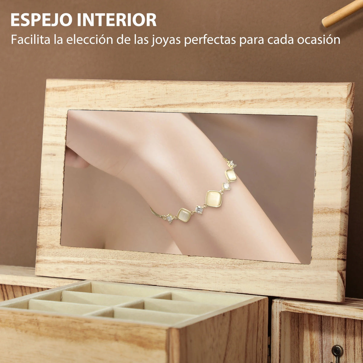 Organizador de Joyas de Madera con Espejo y 4 Niveles