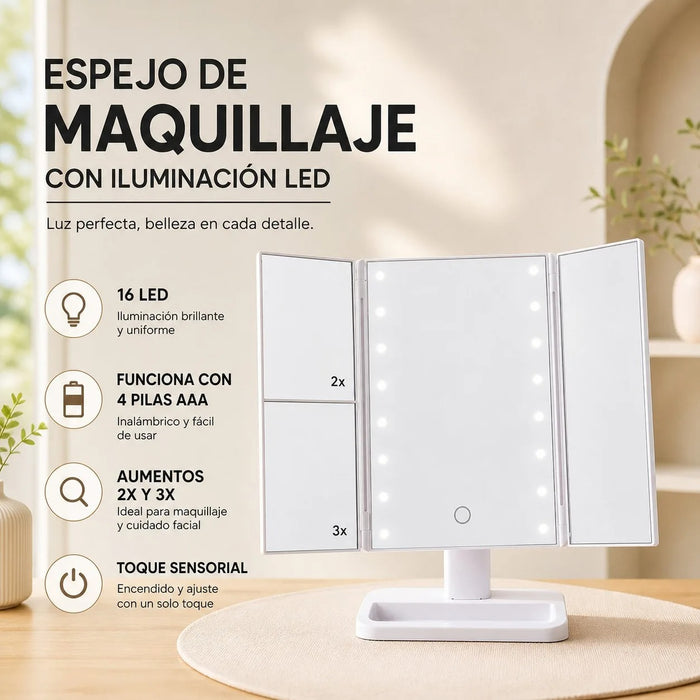 Espejo de Maquillaje LED Plegable con Aumento